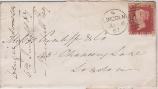 1867 Qv Lincoln Cover With A 1d Penny Red Stamp Plate 81 Sent To London