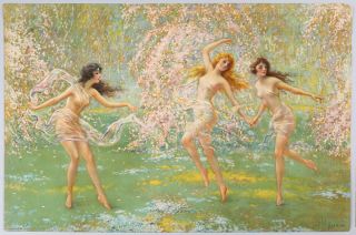 Antique F.  W.  Read 1920s Pin - Up Print Ethereal Gleeful Art Deco 3 Dancing Nymphs