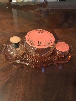 Vintage Pink Depression Glass 4 Piece Vanity Set With Perfume Bottle And Tray