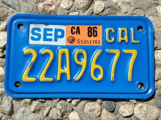 California Motorcycle License Plate 86 Tag Yellow On Blue 70 
