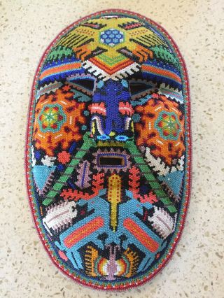 Huichol Beaded Wood Mask,  Mexico,  Handcarved 12.  5 " X7.  5 "