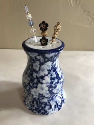 Antique Blue Flower Possibly Flow Blue Hat Pin Holder With 3 Stick Pins