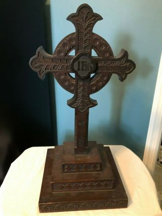 Large Old Antique Hand Carved Wood Catholic Church Altar Gothic Cross W/ Ihs