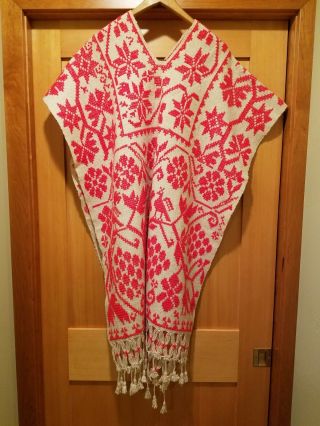 Vintage Embroidered Bright Pink And White Poncho