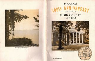 Surry County Virginia 1952 Souvenir Program 300th Anniversary History Events