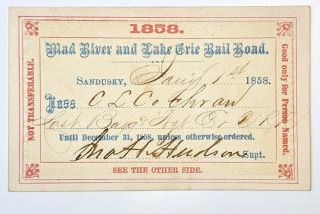 1858 Mad River And Lake Erie Rail Road Annual Pass C L Cochran J H Hudson