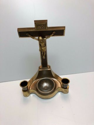 Crucifix Double Candlestick Holder Religious Brass Sick Call Cross