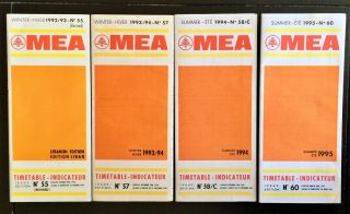 Mea Middle East Airlines 4 Different System Timetables,  1992,  