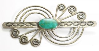 Vintage Navajo Sterling Silver Old Pawn Stamped Blue Gem Turquoise Brooch Pin