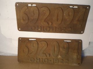 Vintage 1922 Ohio License Plate Pair Hot Rod - - Rat Rod - - Rusty Gold - - - -