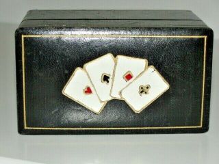 Vtg Italian Leather Dual Playing Card Box Case Holder Wood Inside 4 Aces 4 1/2 " L