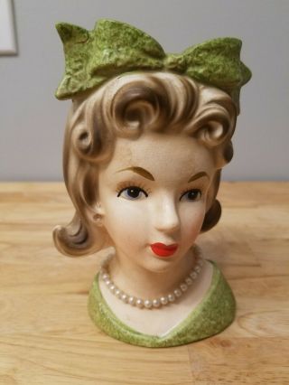 Relpo Vintage Lady Head Vase,  K1696,  Green Bow,  Brown,  Pearl Earrings & Necklace