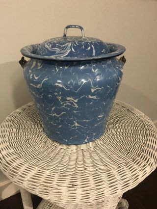 Vintage Blue And White Swirl Enamelware Bucket And Lid