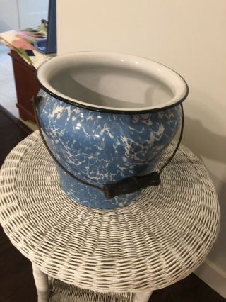 Vintage Blue And White Swirl Enamelware Bucket And Lid 5