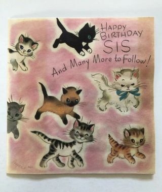 Vintage Rust Craft Pink Birthday Card Marjorie Cooper Kitty Cat Siamese Tabby