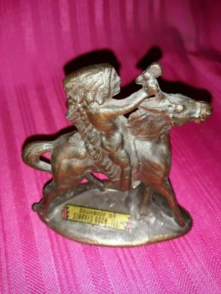 Early Rare Starved Rock Bronze Souvenir – Indian Mounted On Horse With Tomahawk