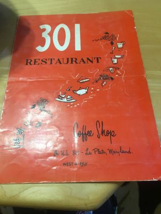 Vintage Menu 301 Restaurant Coffee Shop La Plata Maryland Tel West 4 - 9511 1950 - 6