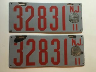 1911 Jersey License Plate Pair Plates Glossy Porcelain All