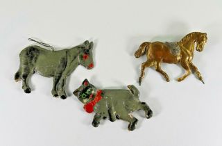 Three Antique German Dresden Christmas Ornaments Horse Donkey Cat Display