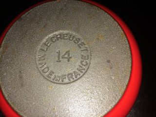 VINTAGE LE CREUSET NO.  14 FLAME ORANGE RED CAST IRON ENAMEL 1 - QT SAUCE PAN & LID 4