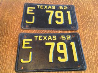 1 Pair 1952 Texas License Plates Ej - 791 Barn Find Wow