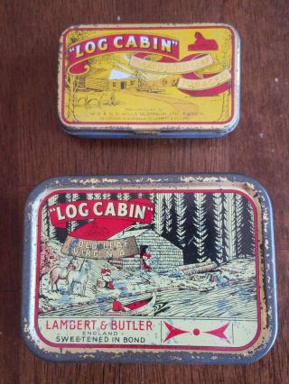 Two Vintage Log Cabin Lambert Butler Gold Leaf Virginia Tobacco Tins Sphinx