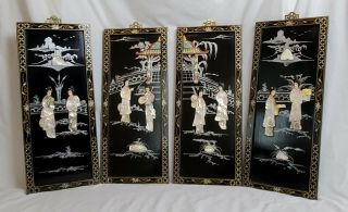 4 Vintage Chinese Wall Art Panels - Colorful Black Lacquer Mother Of Pearl