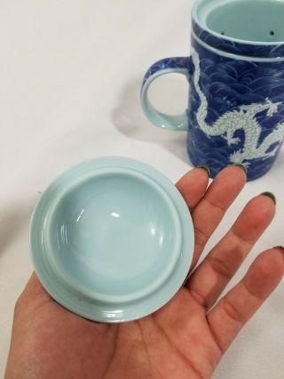 Vintage 3 Pc Asian Japanese Blue Dragon Waves Tea Diffuser Lidded Mug Good Luck 7