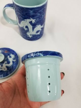 Vintage 3 Pc Asian Japanese Blue Dragon Waves Tea Diffuser Lidded Mug Good Luck 8
