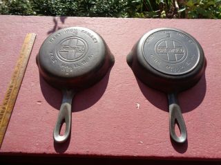 Two Different Antique Griswold Cast Iron No 3 Skillets Block Smooth & Smoke Ring