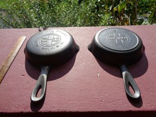 Two DIFFERENT Antique Griswold Cast Iron No 3 Skillets BLOCK Smooth & Smoke Ring 4