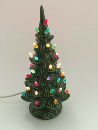 Small Ceramic Christmas Tree Lighted 11.  25 " W/ Base Vintage Hand Painted