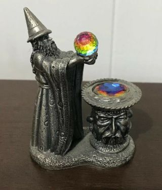 Vtg Pewter Figurine Fantasy Wizard Crystal Ball Warlock Visionary