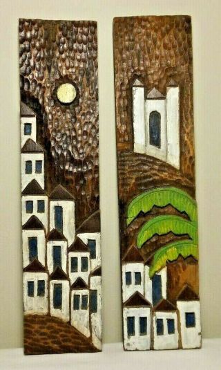 Vintage Pair Hand Carved/painted Wood Wall Hangings From Brazil Rio City Scape