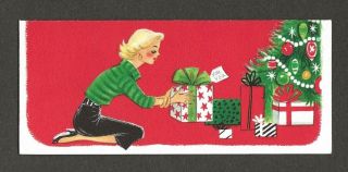 Mid - Century Lady Putting Present Under Tree Vtg Hallmark Christmas Card