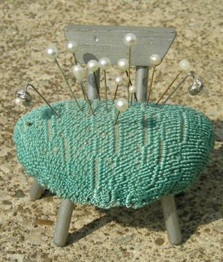 Vintage Mid Century Modern Upholstered Retro Chair Pin Cushion With Pins