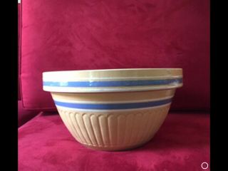 Vintage Yellow Ware Mixing Bowl 11 " Yellow With Blue & White Bands - Ec