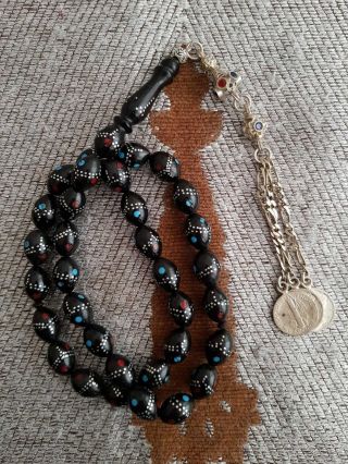 Black Coral Inlaid Silver Red Prayer Beads 33 Masbaha Rosary Tesbih Islamic 48g