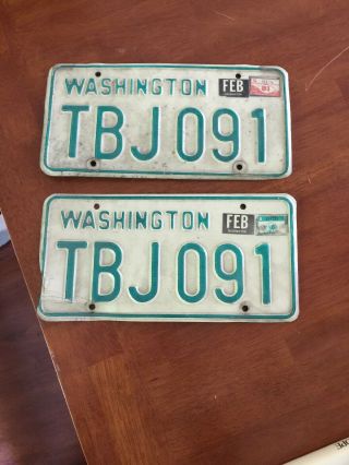 Vintage Washington 1970 - 80 License Plates Green On White W 1981 Tab Pair Set