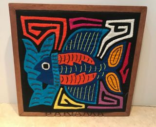 Framed Vintage Mola Art Panama Kuna Cuna Indians San Blas Hand Stitched Fish