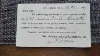 1901 St Louis Missouri Advertising Postcard The Berger Manufacturing Co