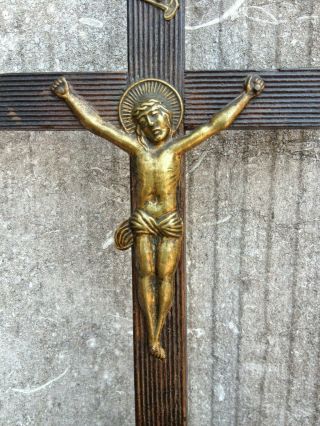 Antique Fine18century Home Altar Standing Wood Cross Crucifix Metal Jesus Corpus