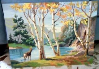 Vintage Mid Century Large Paint By Number (pbn) Birch Tree Deer Mountain Lake