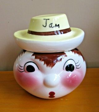 Vintage Deforest Of California Jam Jar 1956 Mid Century Boy With Hat Lid
