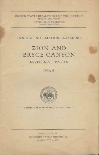 Zion & Bryce Canyon National Park Utah Vintage 1933 Parks Guide