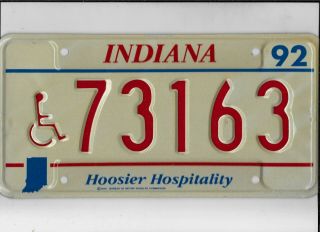 Indiana 1992 License Plate " 73163 " Handicapped/disabled