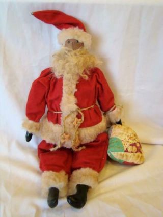 Vintage Primitive Hand Made Christmas Black Americana Santa Quilt Doll