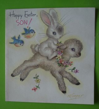Vtg.  Rust Craft Easter Card - Son - Cute Easter Bunny Rides On A Cute Lamb - M.  Cooper