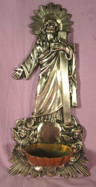 Antique & Ornate Silver Bronze Holy Water Font Of Jesus.