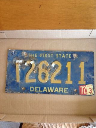 1972 Delaware Trailer License Plate With 5 Raised Numbers